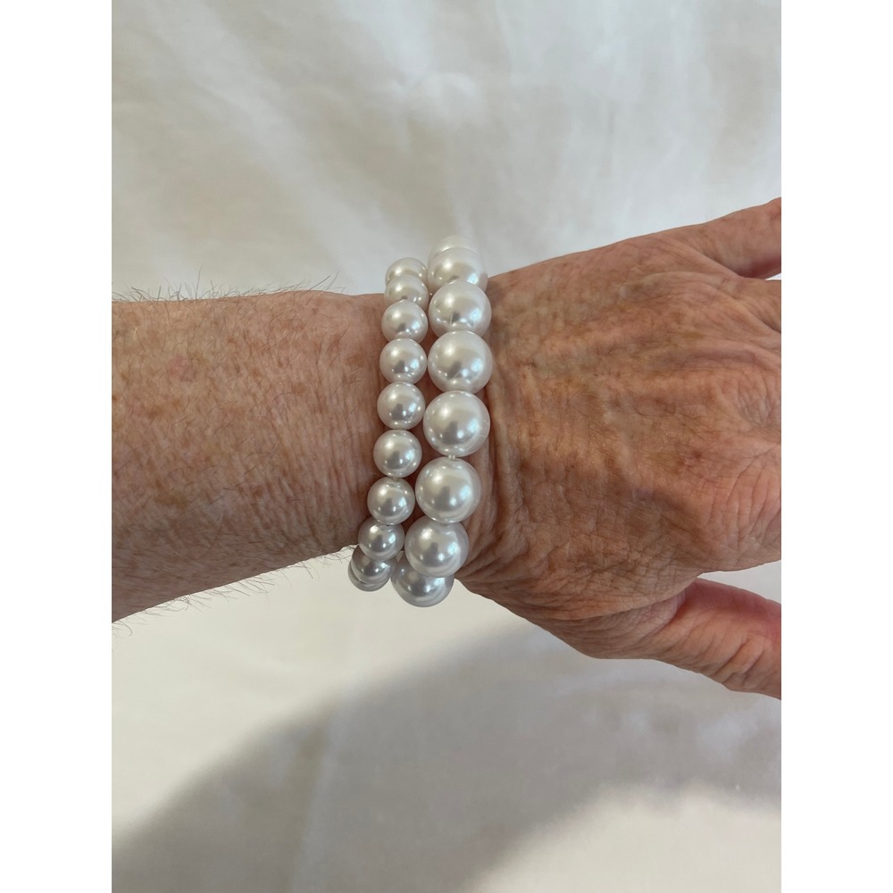 White Faux Pearl Stretch Bracelet Set 2 Piece Stackable Beaded Jewelry Classic
